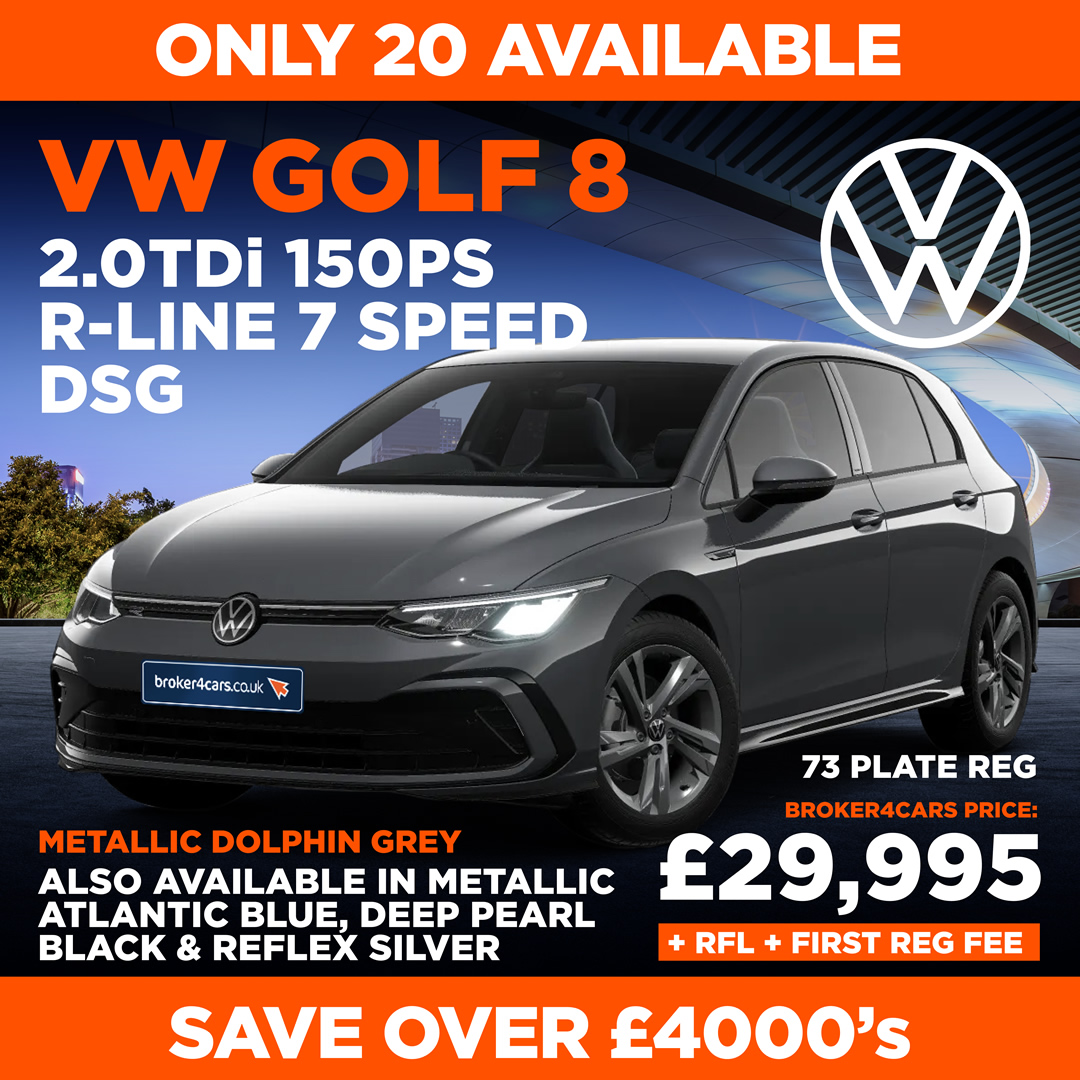 VW Golf 2.oTDi 150PS R-Line 7 Speed DSG. Metallic Dolphin Grey. On 73 Reg Plate. RFL + First Reg Fee. Save over £4,000s. Only 20 Available. Broker4Cars Price £29,995 OTR